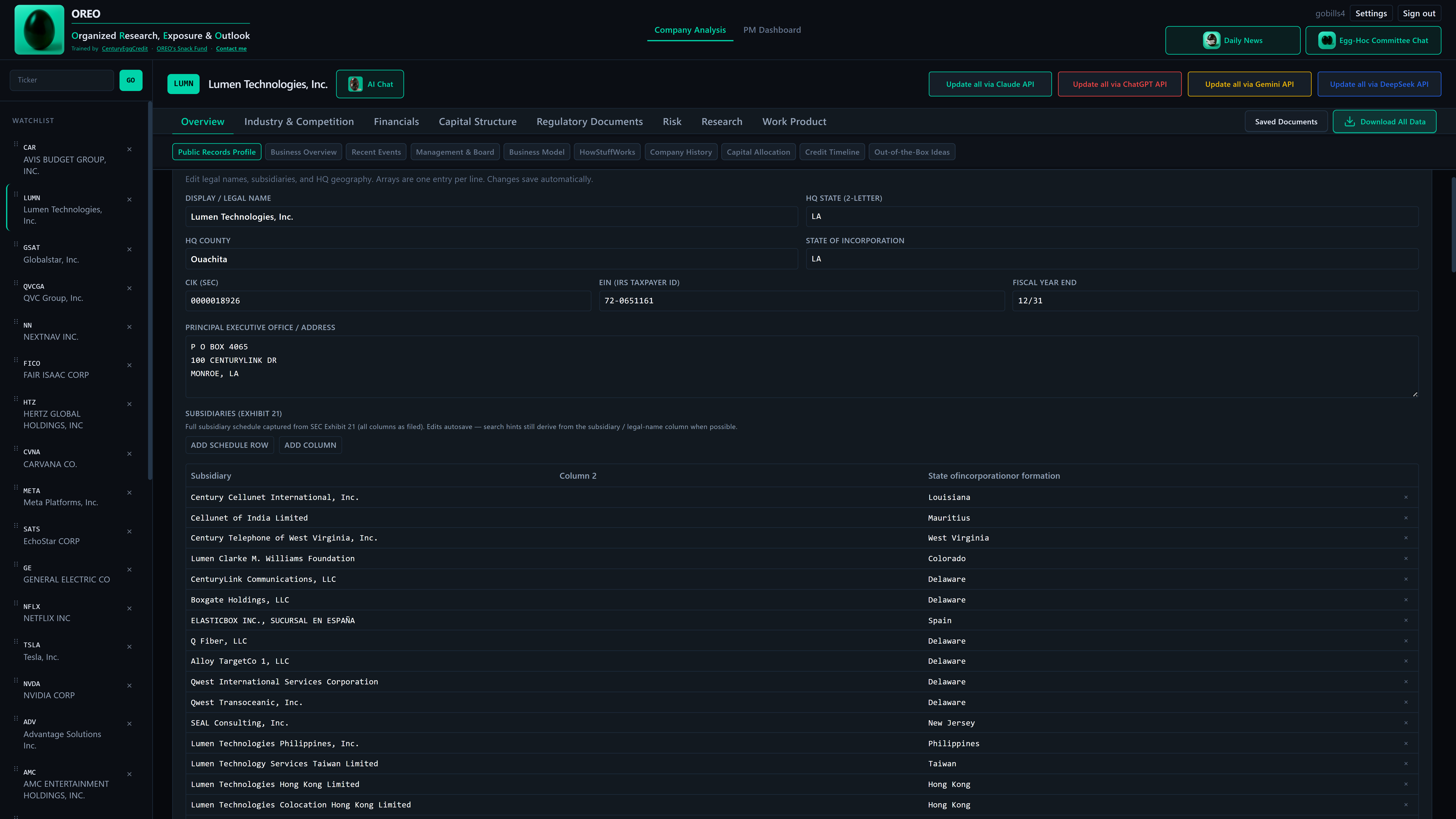 Company workflow: public records profile + research organization